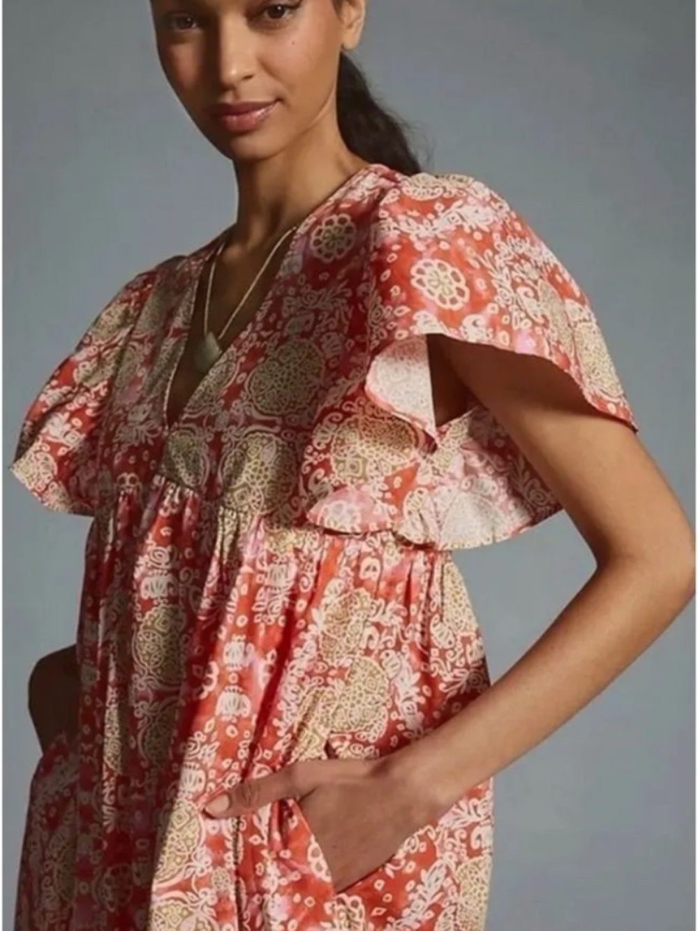 Anthropologie Maeve Printed Flutter-Sleeve Babydoll Dress Clay/Gold pockets Sm